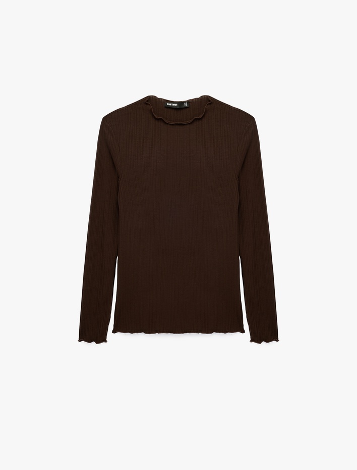  Kaşkorse Viskon Kumaş Slim Fit Uzun Kollu Fırfırlı Bisiklet Yaka Tişört