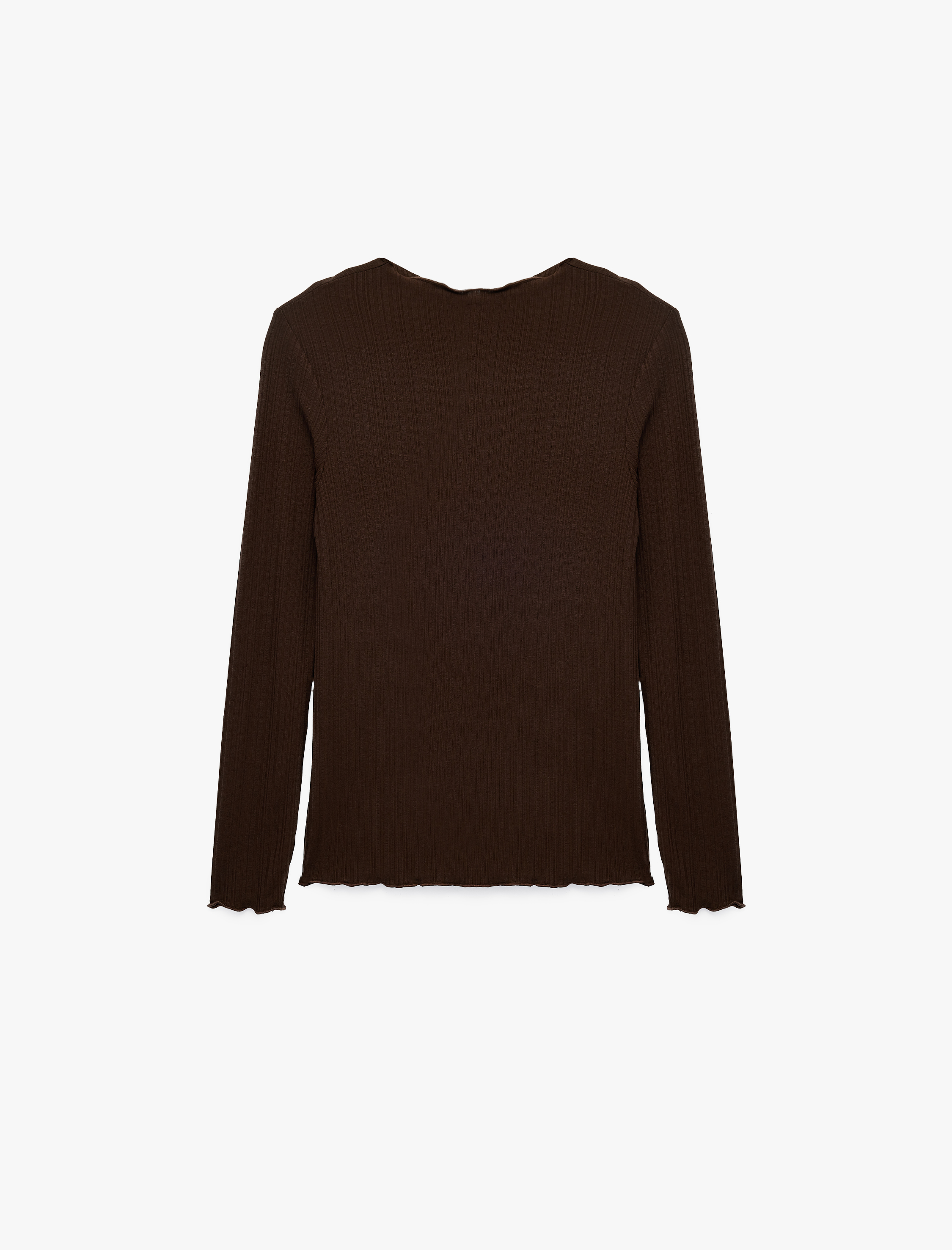   Kaşkorse Viskon Kumaş Slim Fit Uzun Kollu Fırfırlı Bisiklet Yaka Tişört