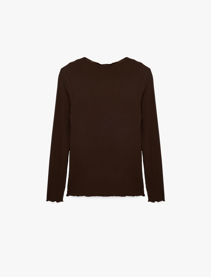  Kaşkorse Viskon Kumaş Slim Fit Uzun Kollu Fırfırlı Bisiklet Yaka Tişört