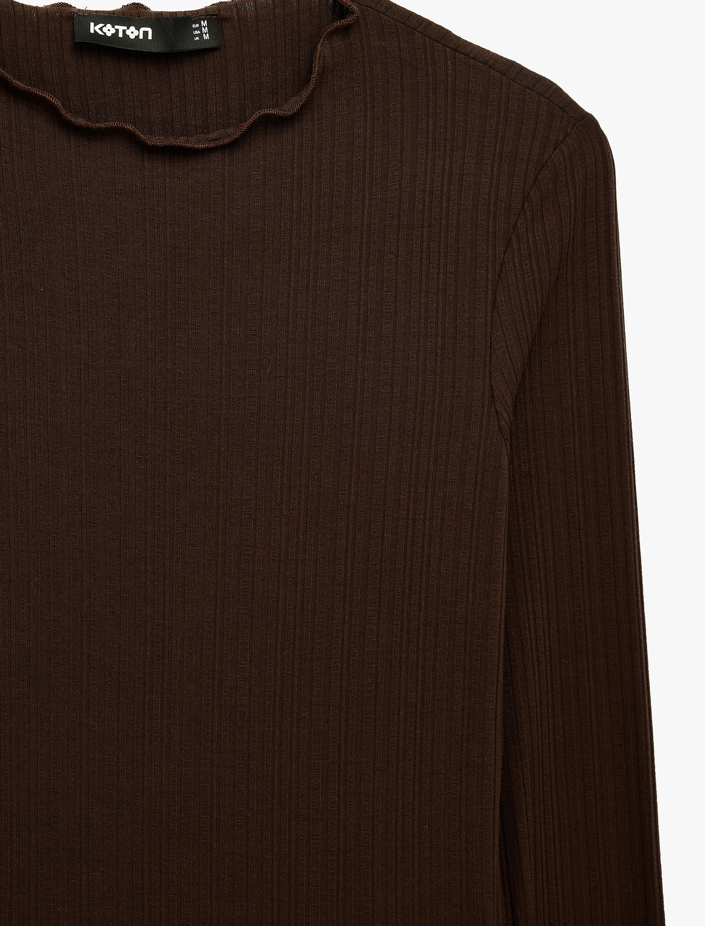   Kaşkorse Viskon Kumaş Slim Fit Uzun Kollu Fırfırlı Bisiklet Yaka Tişört