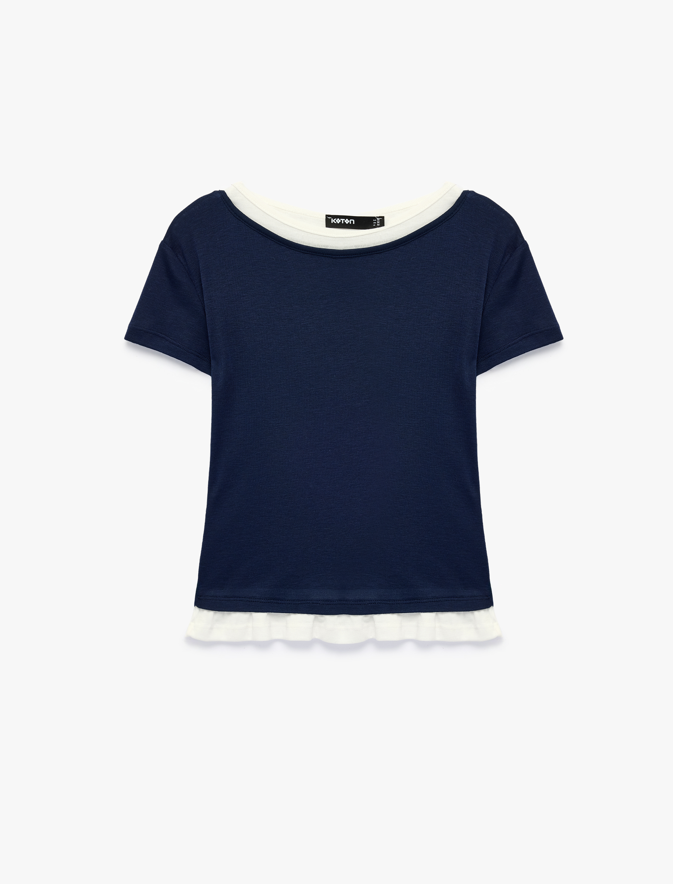   Slim Fit Renk Kontrastlı Katmanlı Yuvarlak Kayık Yaka Kısa Kollu Tişört