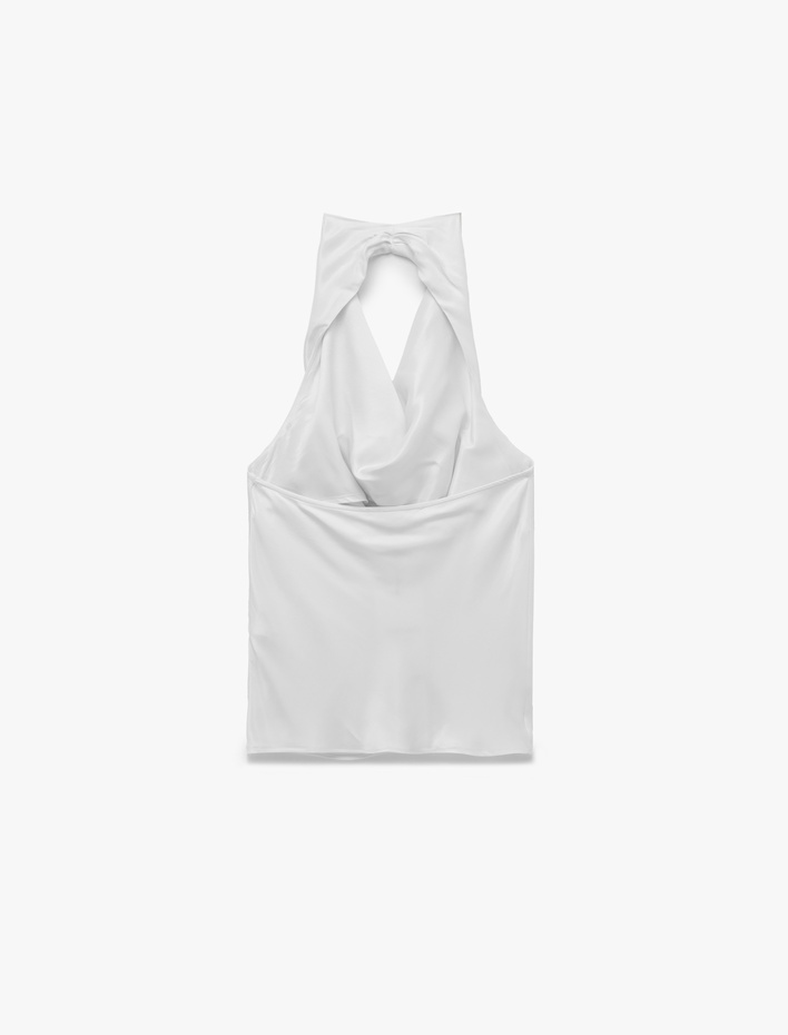  Kolsuz Halter Degaje Yaka Saten Bluz