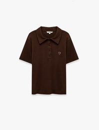 Pamuklu Slim Fit Düğmeli Kalp İşleme Detaylı Polo Yaka Kısa Kollu Fitilli Tişört