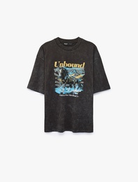 Kısa Kollu Yıkamalı Bisiklet Yaka Pamuklu Oversize Baskılı Tişört