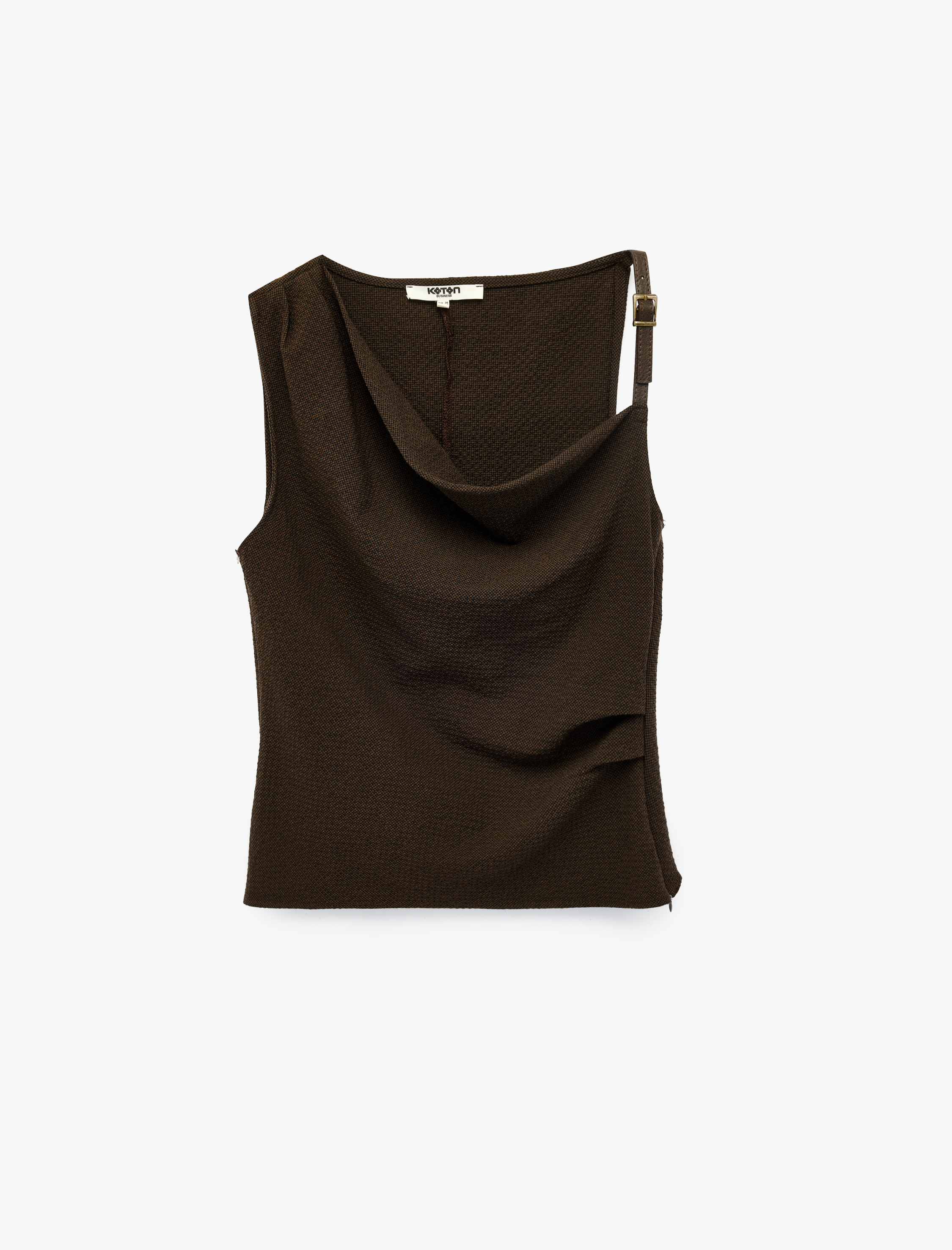   Asimetrik Yaka Aksesuarlı Drape Detaylı Kolsuz Bluz