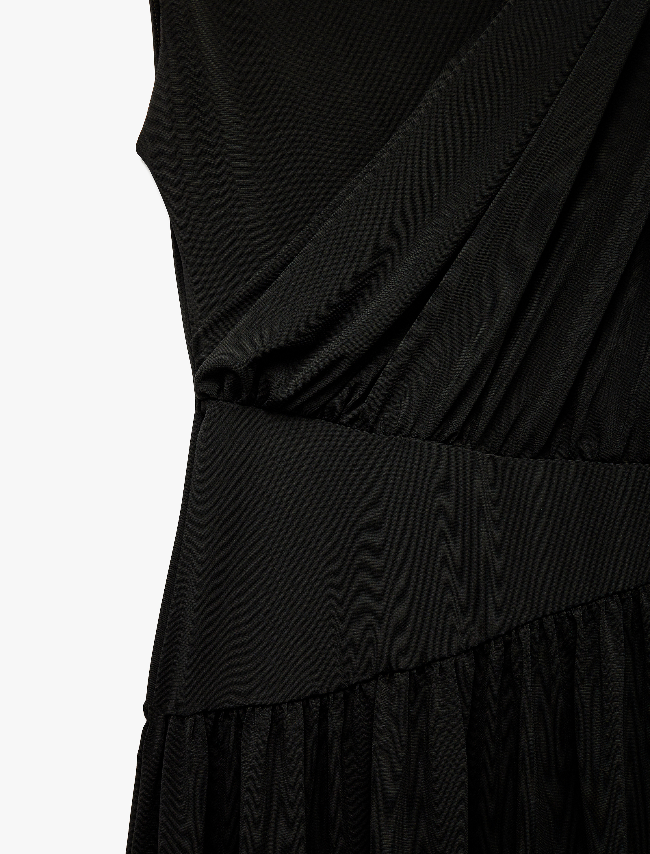   Slim Fit Drapeli Yuvarlak Kayık Yaka Kolsuz Düşük Bel Uzun Elbise