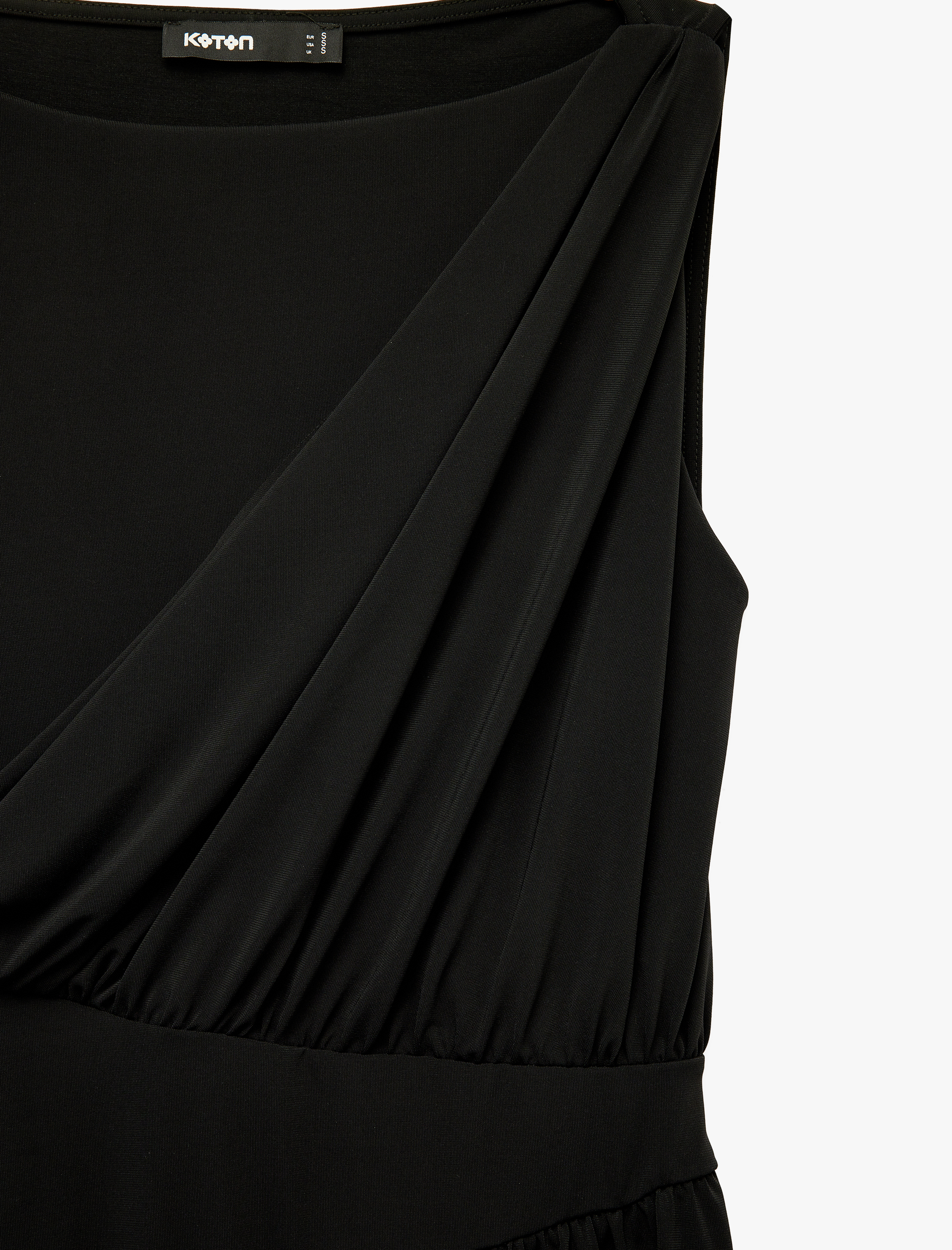   Slim Fit Drapeli Yuvarlak Kayık Yaka Kolsuz Düşük Bel Uzun Elbise