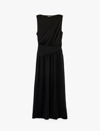 Slim Fit Drapeli Yuvarlak Kayık Yaka Kolsuz Düşük Bel Uzun Elbise