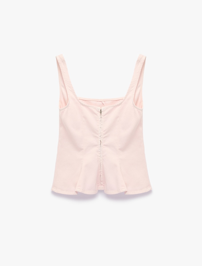  Pamuklu Kolsuz Fermuar Detaylı Slim Fit Kare Yaka Bluz