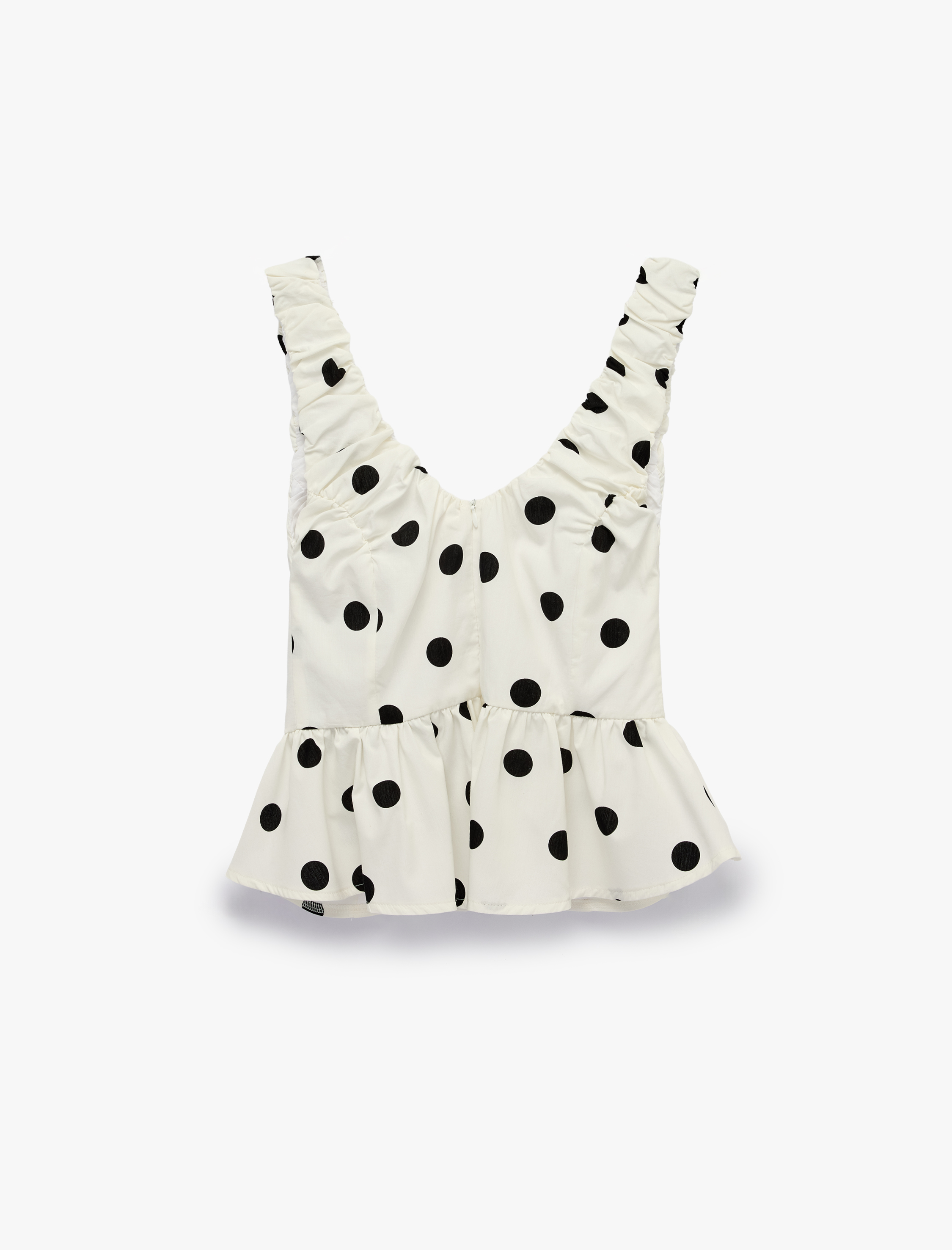   Koton X Sibil Çetinkaya - V Yaka Kolsuz Fırfırlı Peplum Kesim Puantiyeli Poplin Bluz