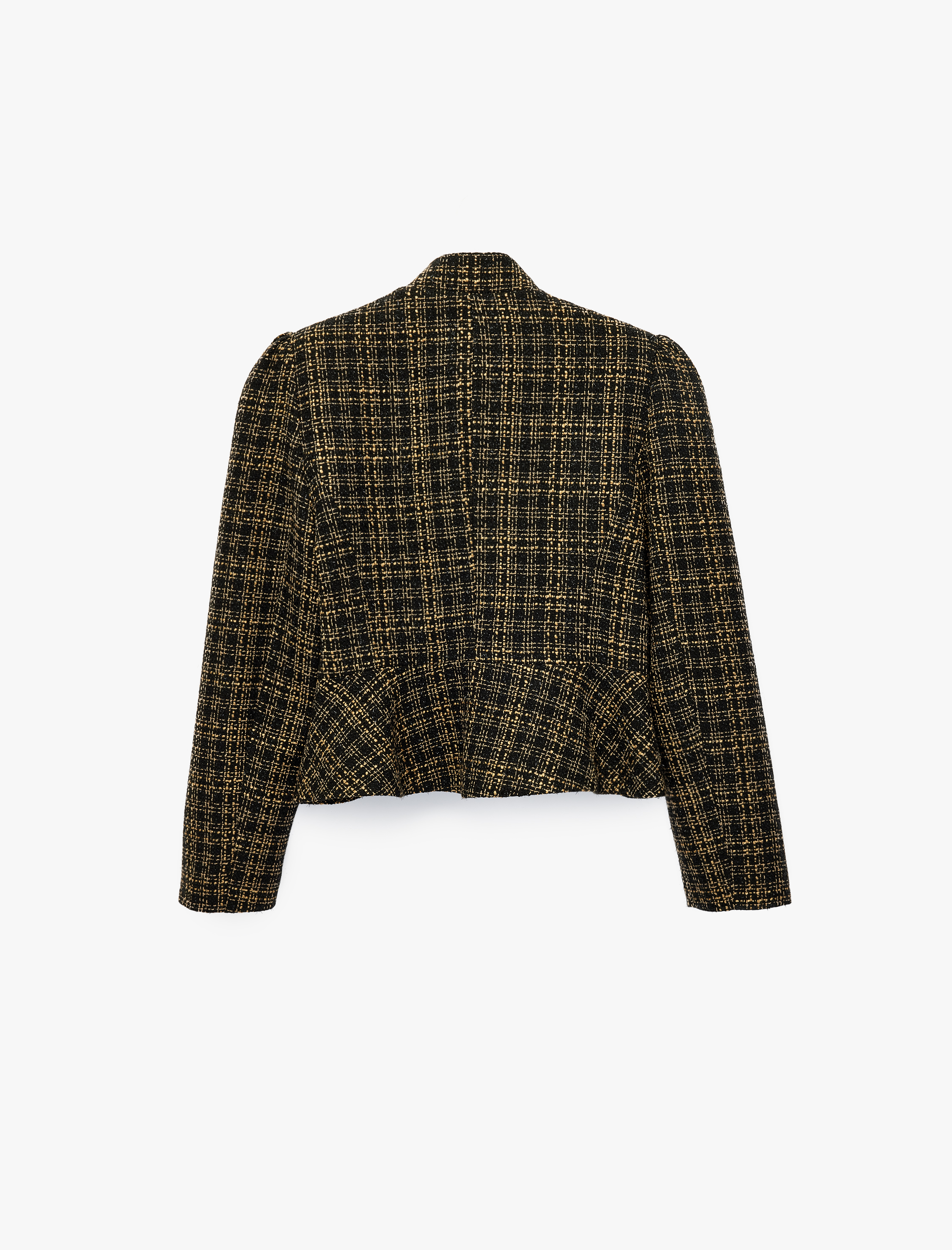   Uzun Kollu Düğmeli Dik Yaka Tüvit Peplum Ekose Ceket