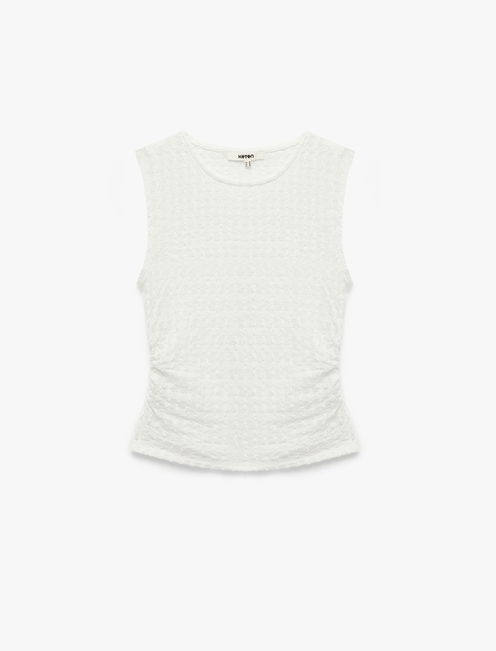  Bürümcük Kumaş Drape Detaylı Kolsuz Bisiklet Yaka Atlet Bluz