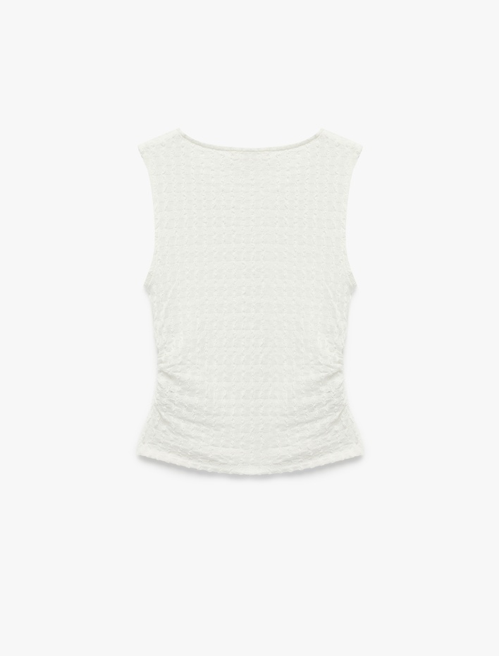  Bürümcük Kumaş Drape Detaylı Kolsuz Bisiklet Yaka Atlet Bluz