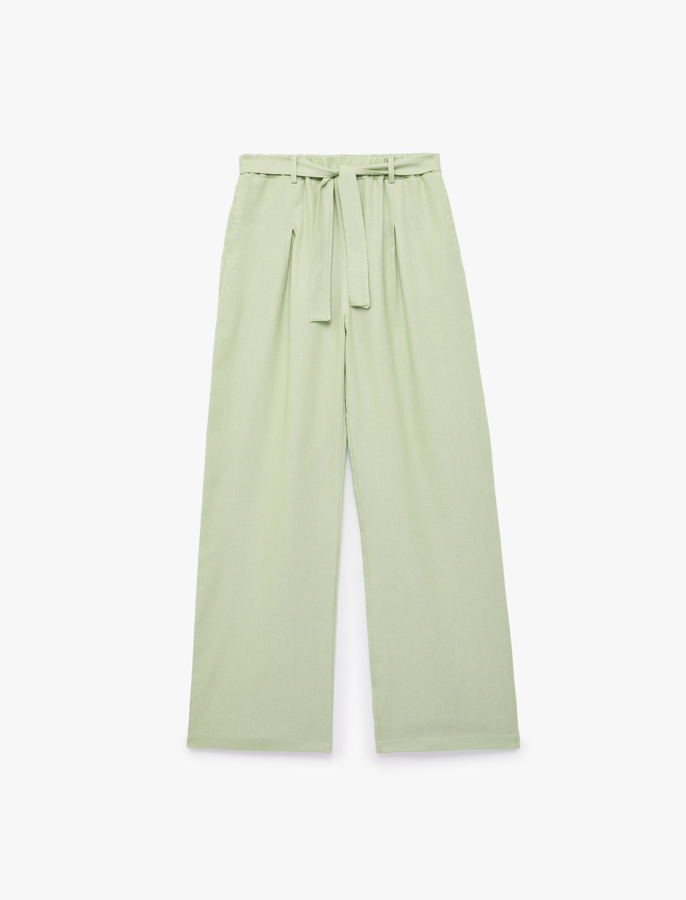  Kız Çocuk Beli Bağlamalı Keten ve Viskon Karışımlı Geniş Paça Pantolon