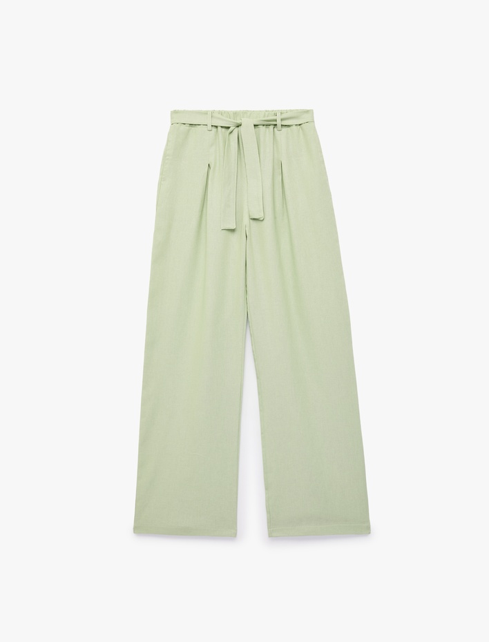 Kız Çocuk Beli Bağlamalı Keten ve Viskon Karışımlı Geniş Paça Pantolon