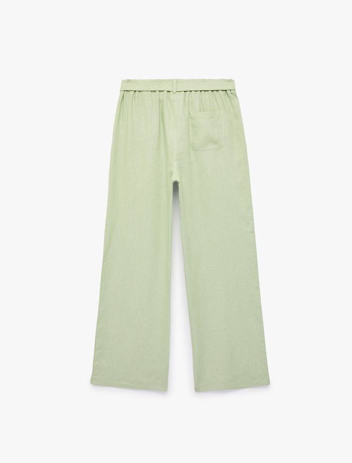 Kız Çocuk Beli Bağlamalı Keten ve Viskon Karışımlı Geniş Paça Pantolon