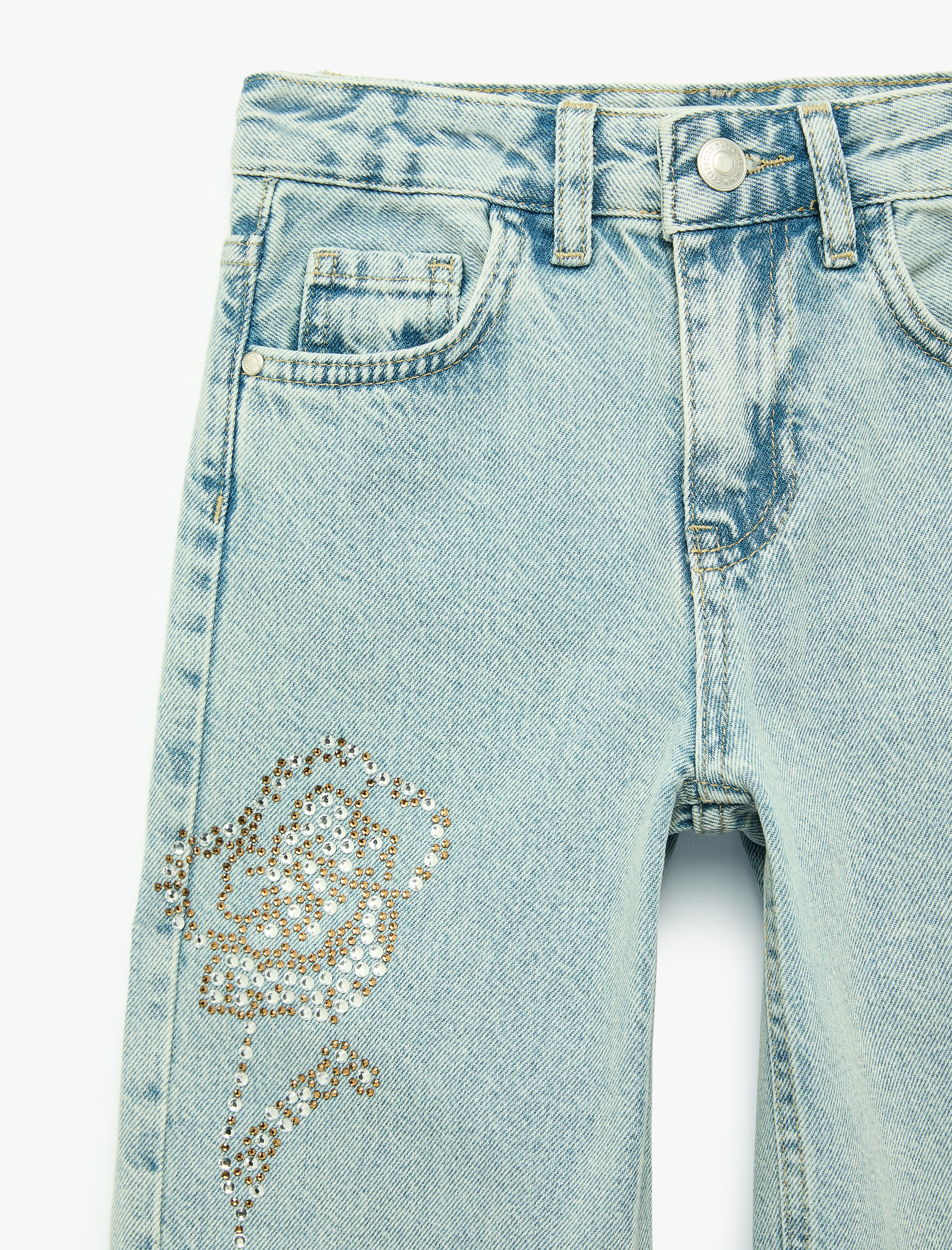  Kız Çocuk Yüksek Bel Cep Detaylı Çiçek Nakışlı Bol Paça Denim Pantolon