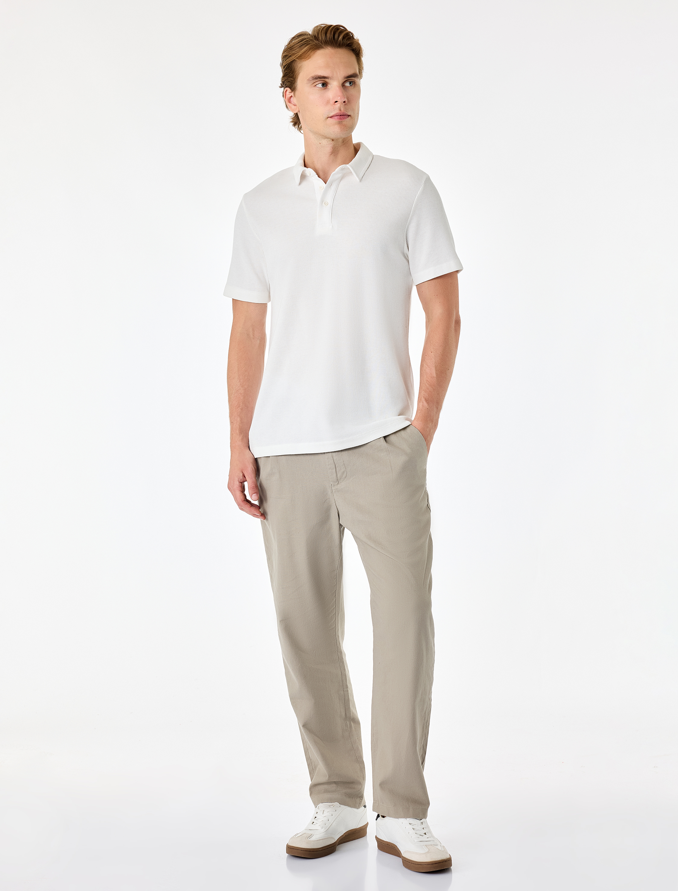   Slim Fit Cepli Pileli Keten Karışımlı Düğmeli Beli Lastikli Bağcıklı Pantolon
