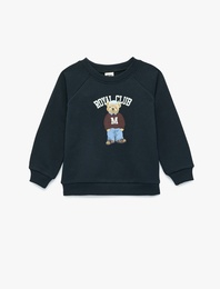 Uzun Kollu Bisiklet Yaka Şardonlu Ayıcık Baskılı Sweatshirt