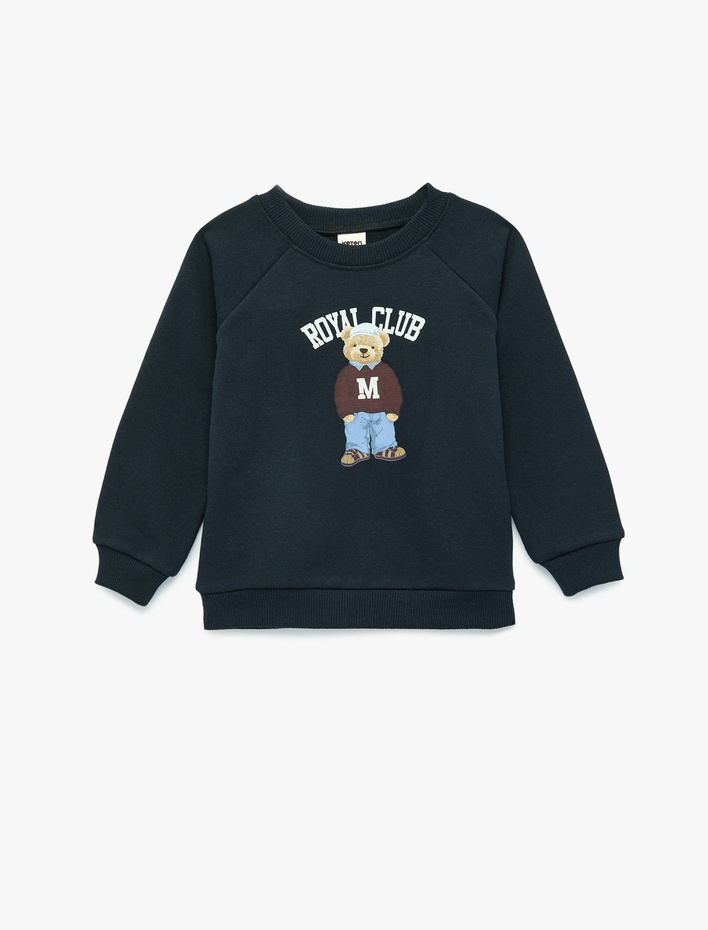 Erkek Bebek Uzun Kollu Bisiklet Yaka Şardonlu Ayıcık Baskılı Sweatshirt