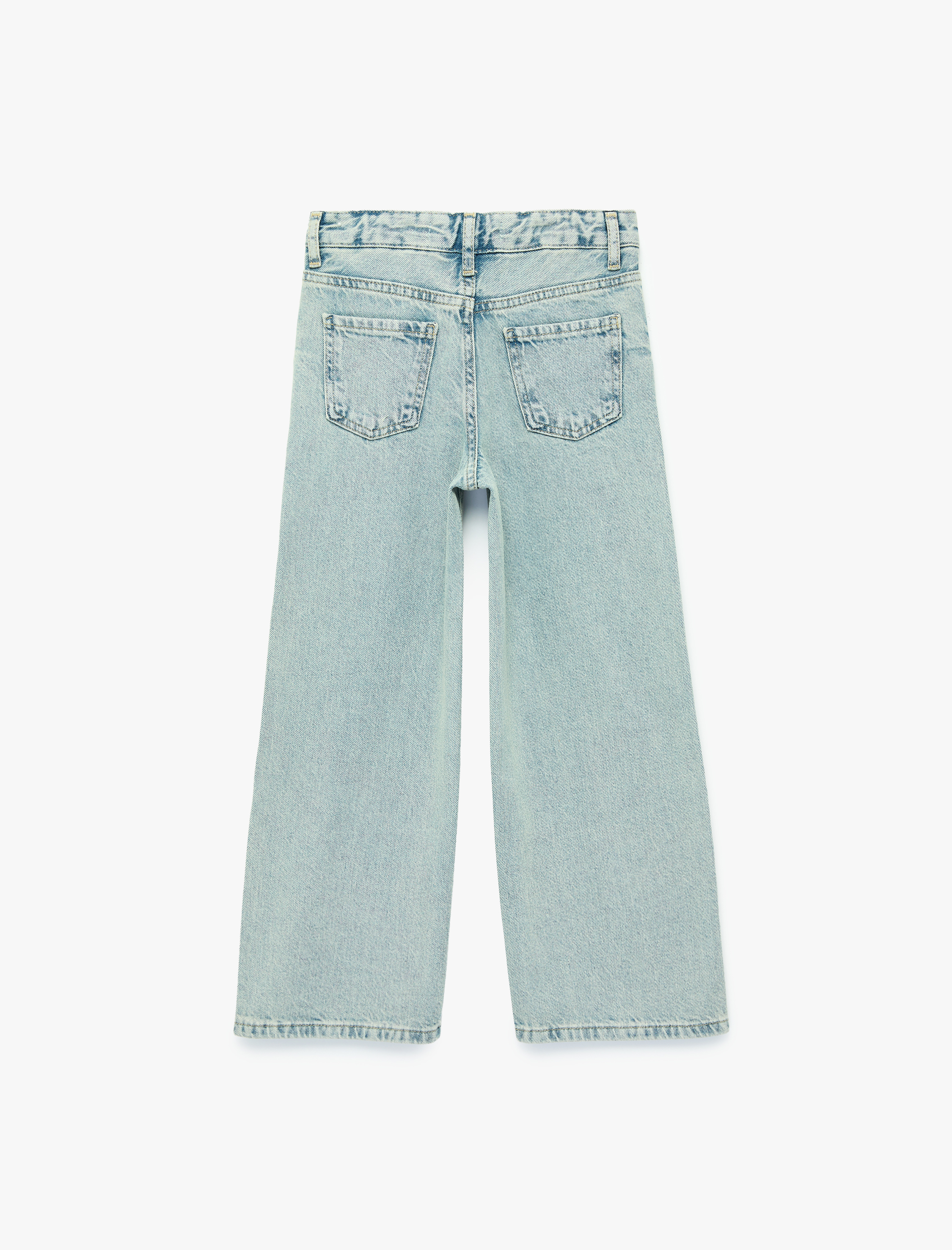  Kız Çocuk Çiçek Nakışlı Pamuklu Geniş Paça Denim Pantolon