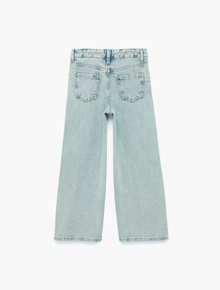 Kız Çocuk Çiçek Nakışlı Pamuklu Geniş Paça Denim Pantolon