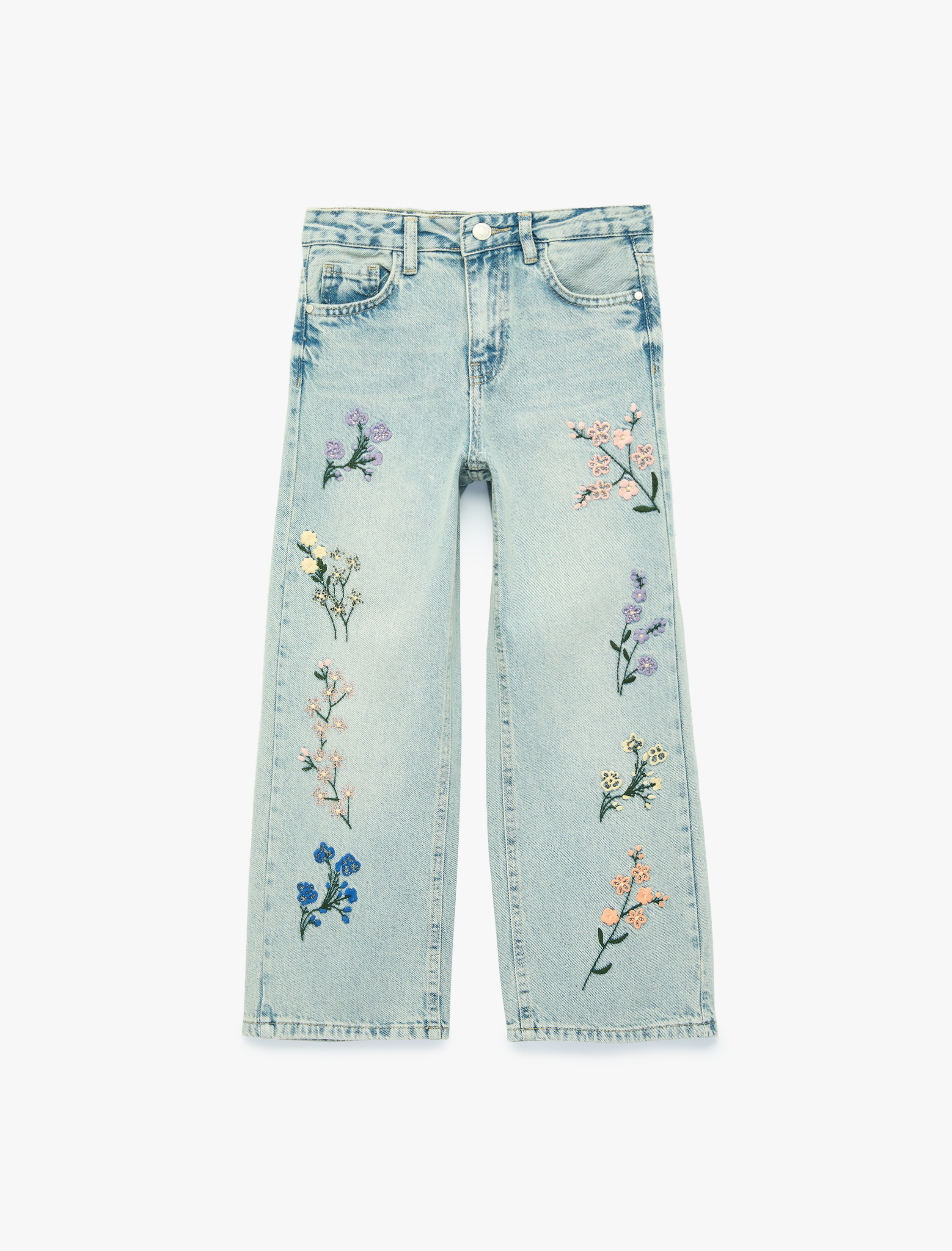  Kız Çocuk Çiçek Nakışlı Pamuklu Geniş Paça Denim Pantolon