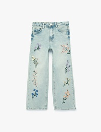 Çiçek Nakışlı Pamuklu Geniş Paça Denim Pantolon