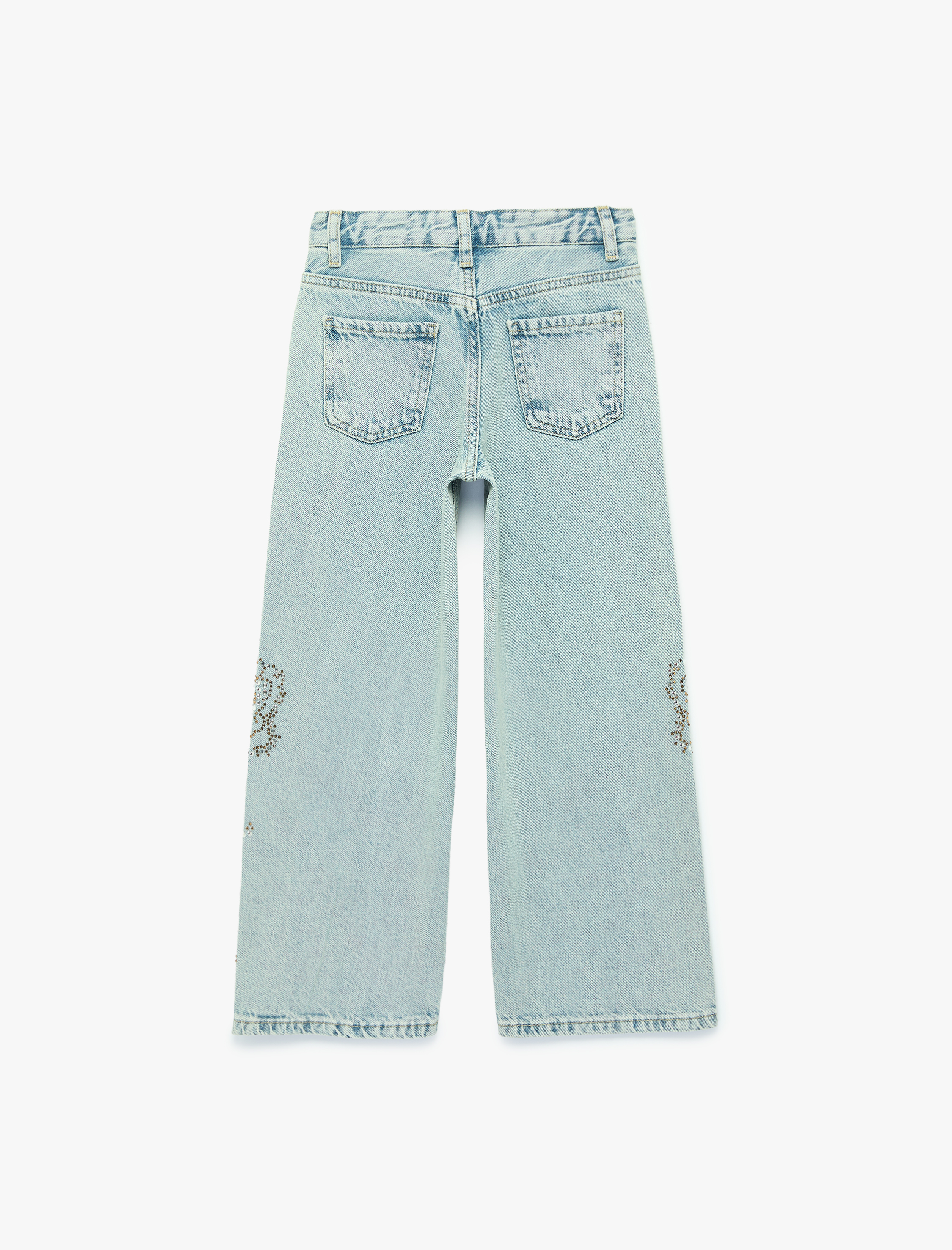  Kız Çocuk Yüksek Bel Cep Detaylı Çiçek Nakışlı Bol Paça Denim Pantolon