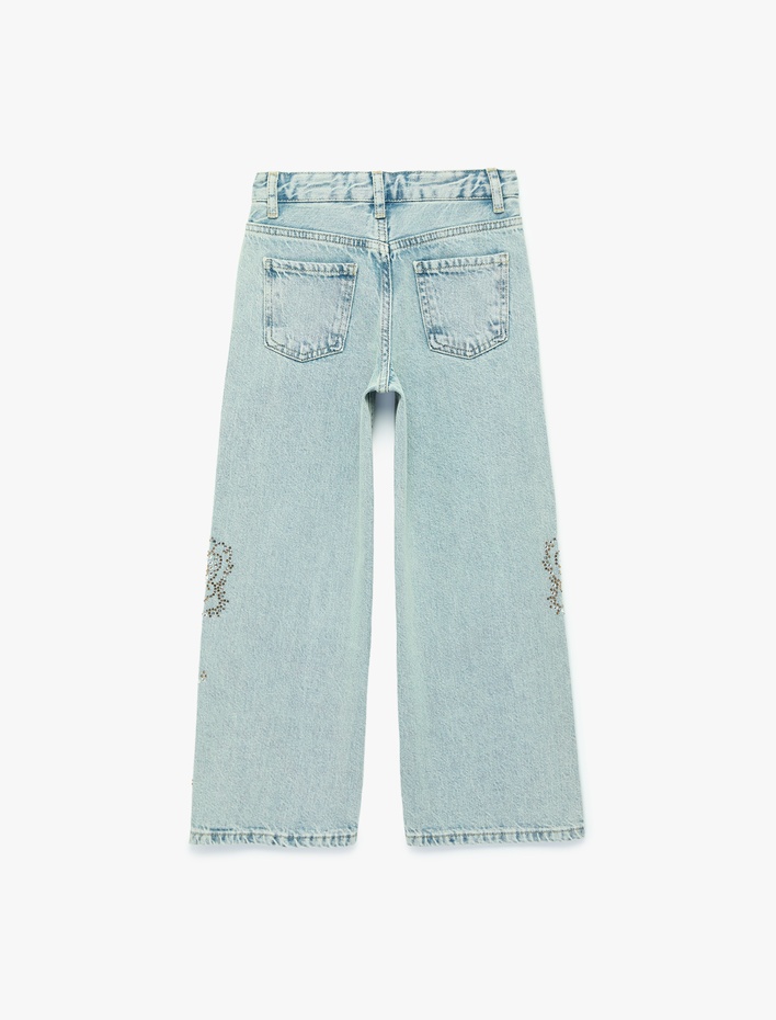 Kız Çocuk Yüksek Bel Cep Detaylı Çiçek Nakışlı Bol Paça Denim Pantolon