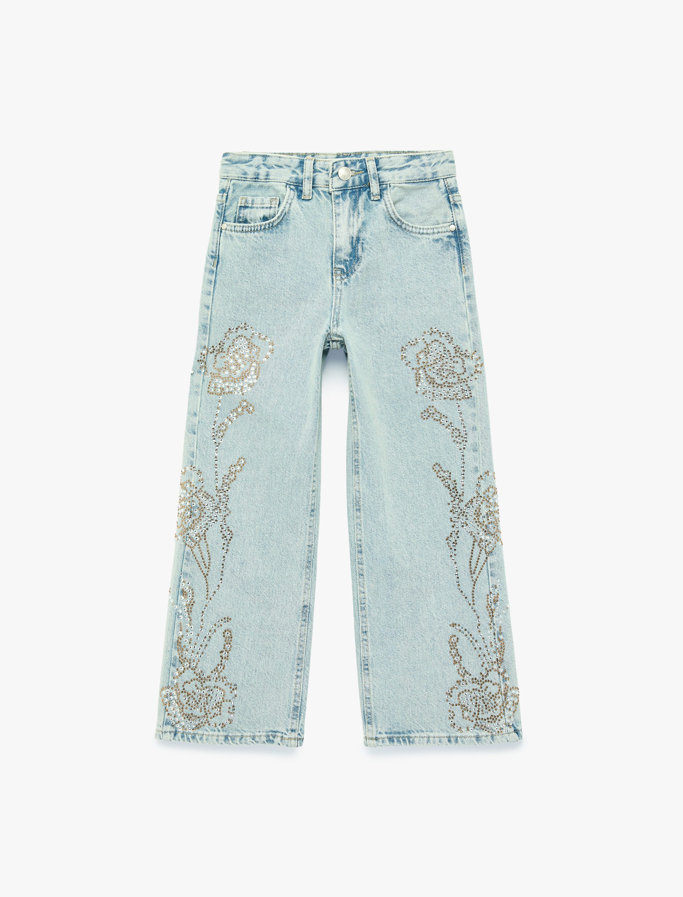  Kız Çocuk Yüksek Bel Cep Detaylı Çiçek Nakışlı Bol Paça Denim Pantolon