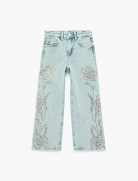 Yüksek Bel Cep Detaylı Çiçek Nakışlı Bol Paça Denim Pantolon
