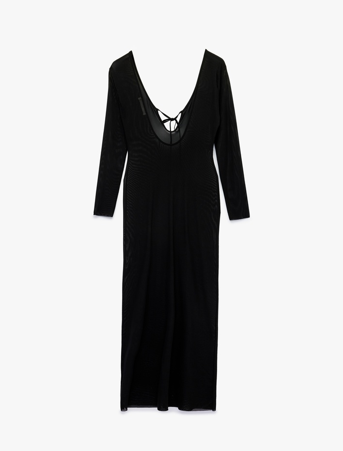  V Yaka Uzun Kollu Slim Fit Tül Plaj Elbisesi