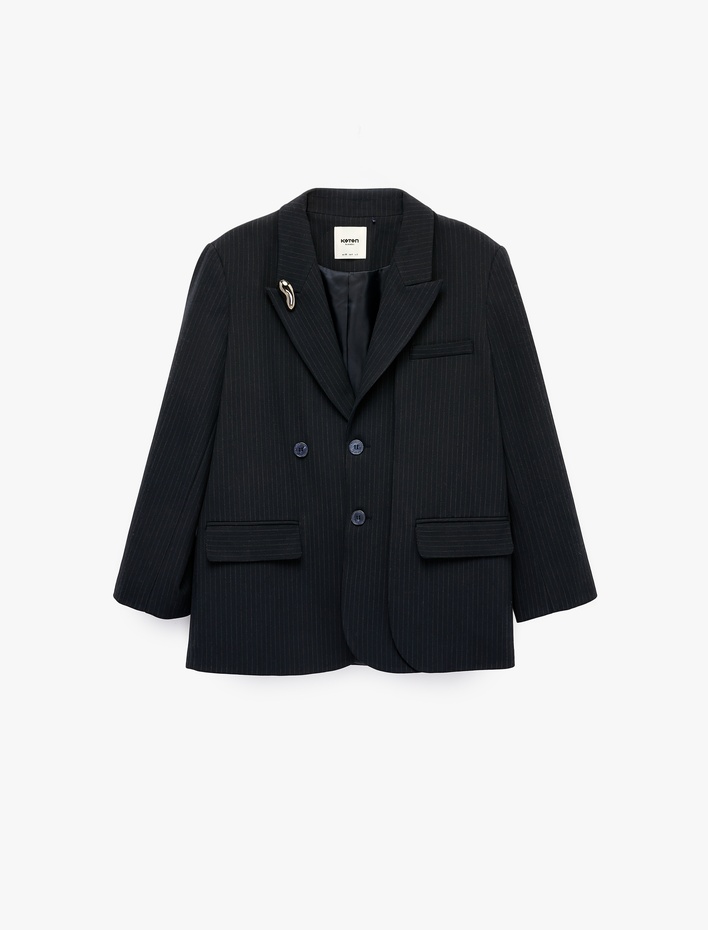  Kruvaze Yaka Uzun Kollu Metal Aksesuarlı Blazer Ceket
