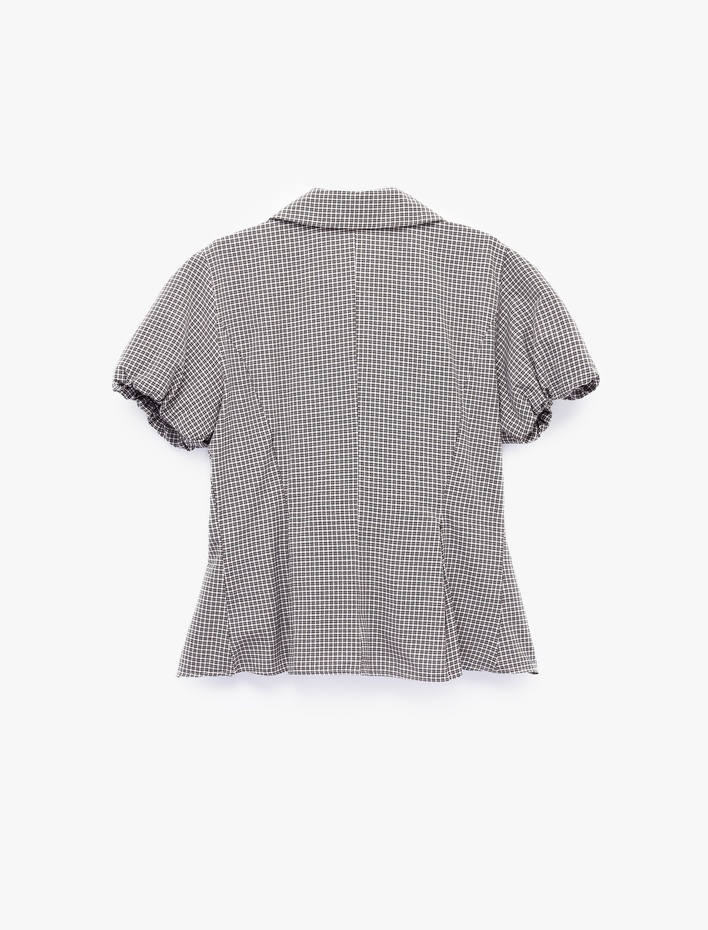  Slim Fit Bebe Yaka Kısa Balon Kollu Pötikareli Gömlek