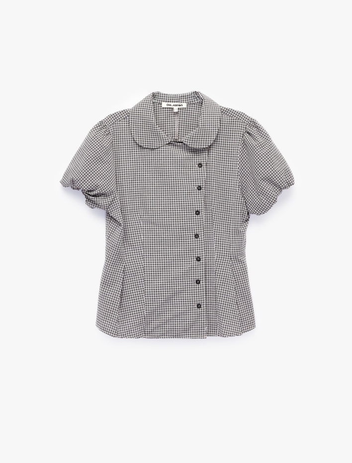  Slim Fit Bebe Yaka Kısa Balon Kollu Pötikareli Gömlek