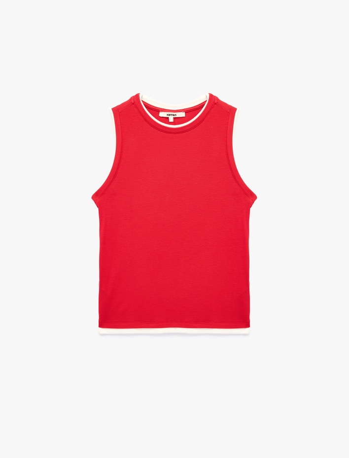  Renk Kontrastlı Katmanlı Slim Fit Bisiklet Yaka Kolsuz Fitilli Bluz