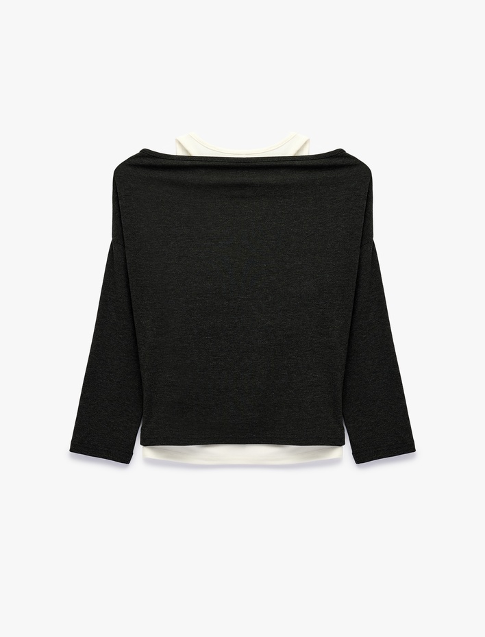  Slim Fit Asimetrik Yaka Katmanlı Uzun Kollu Tişört