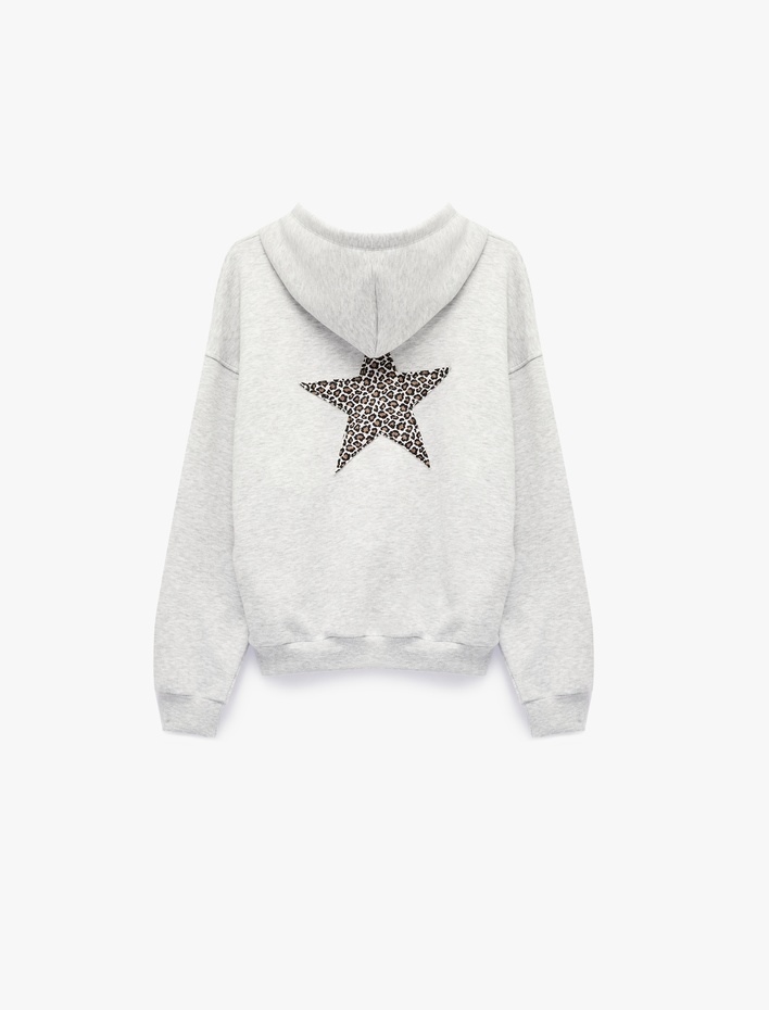  Şardonlu Uzun Kollu Kanguru Cepli Nakışlı Fermuarlı Kapüşonlu Sweatshirt