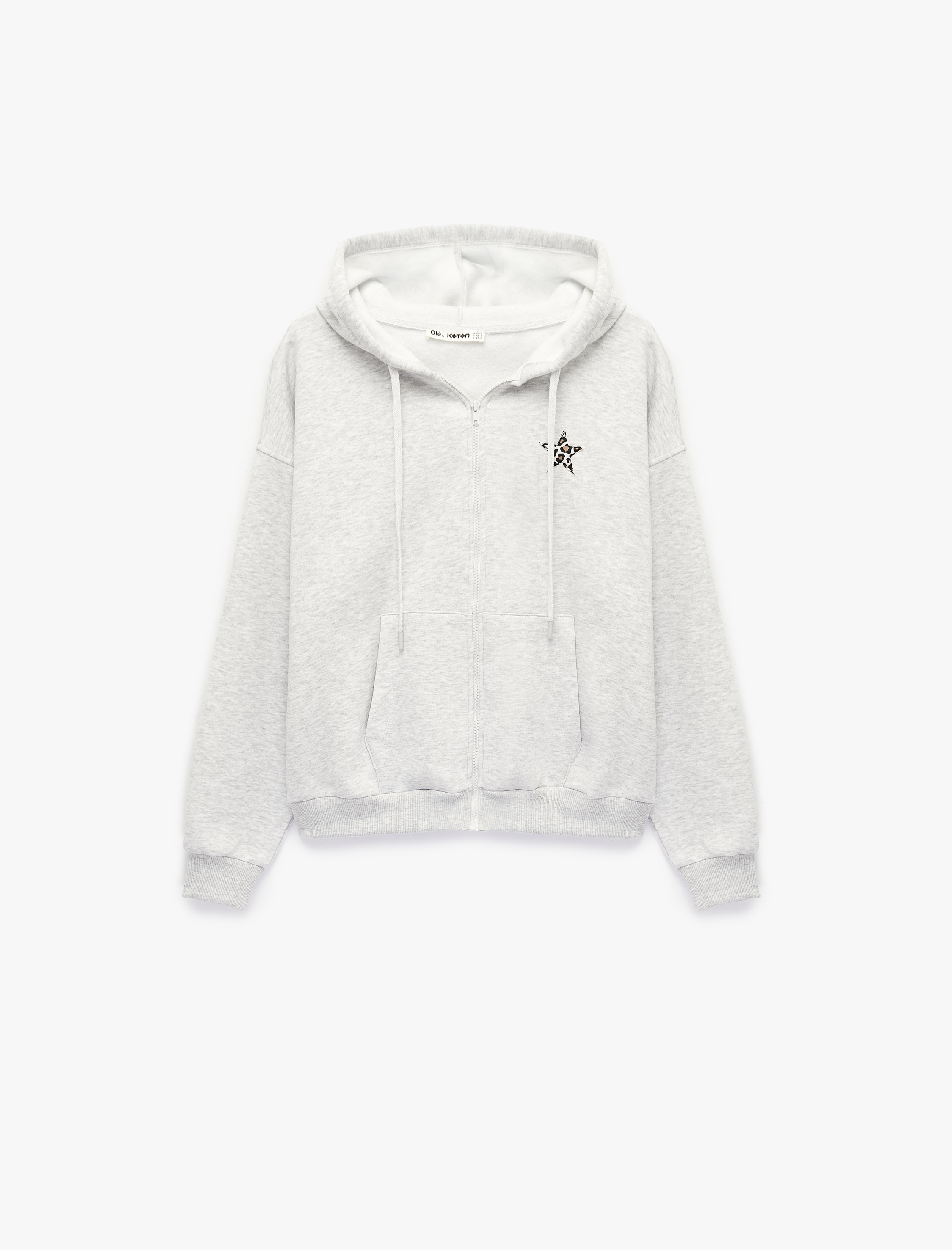   Şardonlu Uzun Kollu Kanguru Cepli Nakışlı Fermuarlı Kapüşonlu Sweatshirt