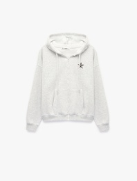 Şardonlu Uzun Kollu Kanguru Cepli Nakışlı Fermuarlı Kapüşonlu Sweatshirt