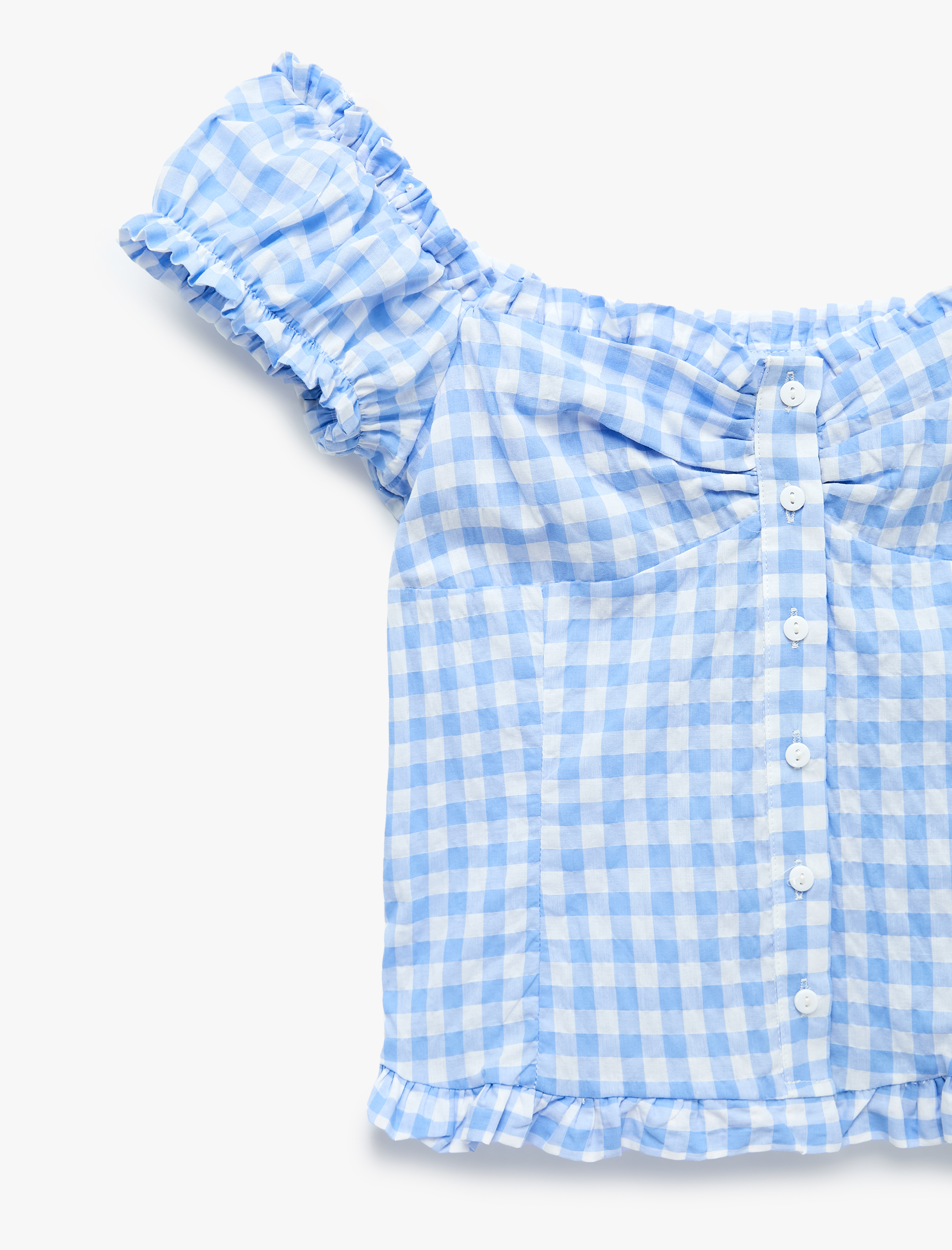  Pamuklu Slim Fit Düğme Detaylı Drapeli Fırfırlı Yaka Kap Kol Pötikareli Bluz