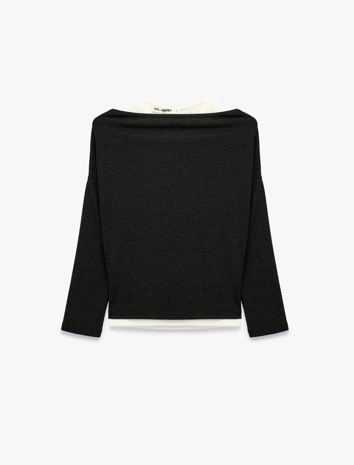  Slim Fit Asimetrik Yaka Katmanlı Uzun Kollu Tişört
