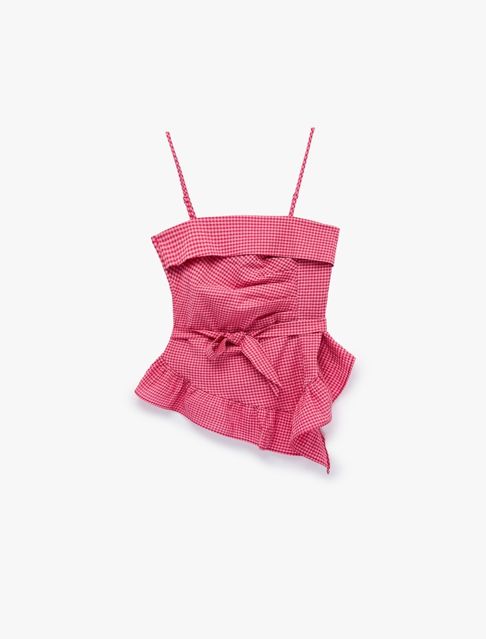  Gipeli Slim Fit Bağlama Detaylı Pötikareli İnce Askılı Asimetrik Bluz