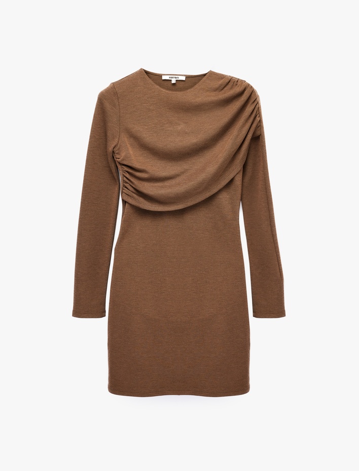  Koyun Yünü Karışımlı Slim Fit Uzun Kollu Drapeli Mini Elbise