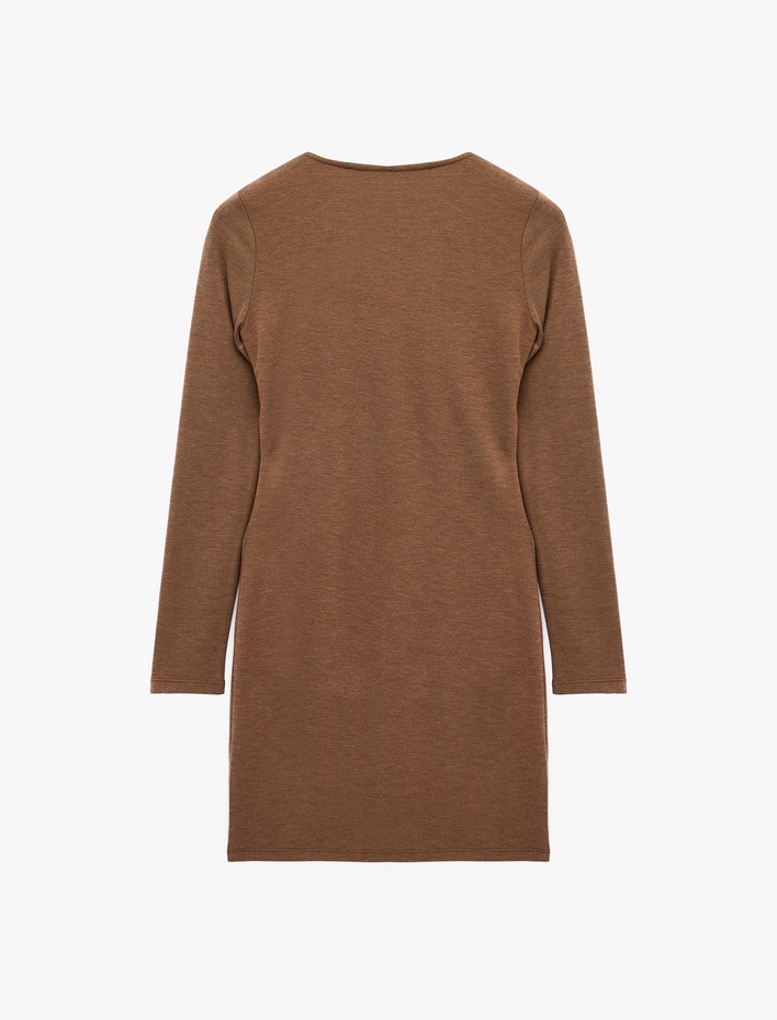  Koyun Yünü Karışımlı Slim Fit Uzun Kollu Drapeli Mini Elbise