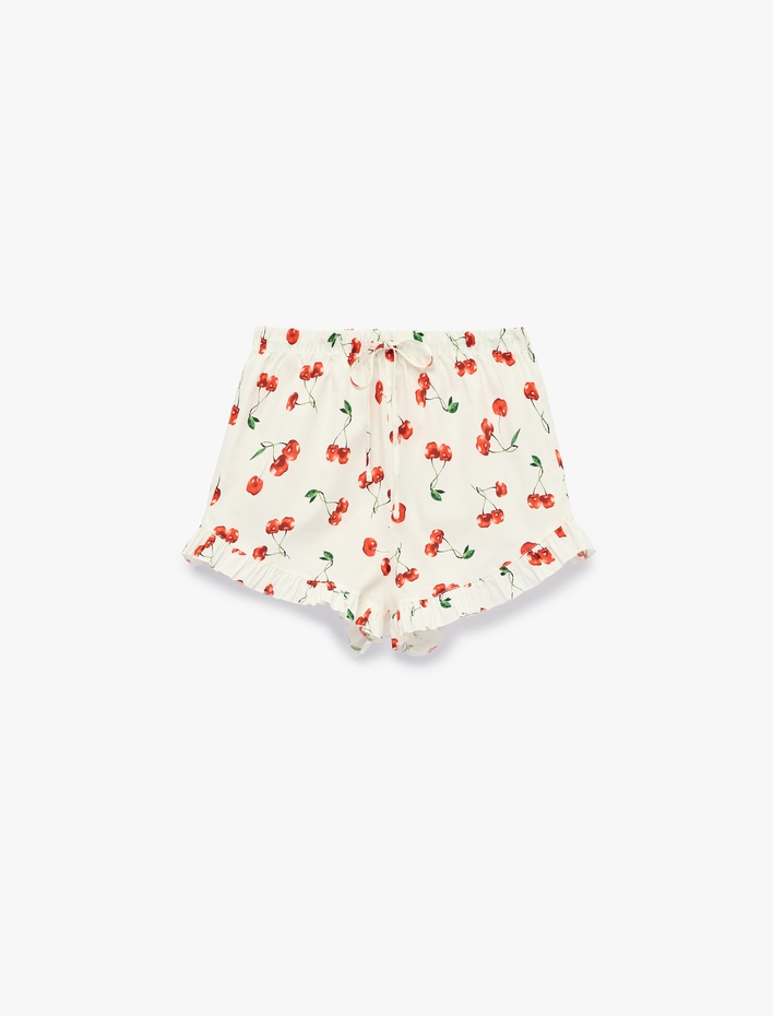  Pamuklu Rahat Kesim Fiyonk Detaylı Kiraz Baskılı Şort Pijama Altı