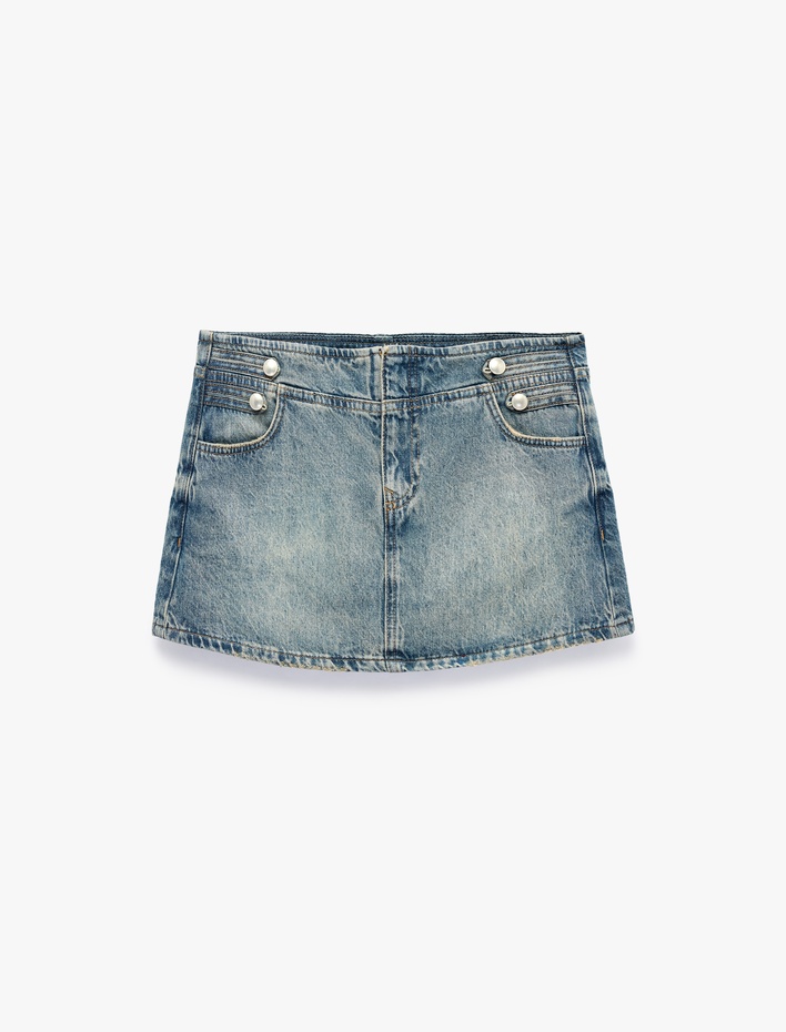  Pamuklu Düğmeli Slim Fit Mini Denim Şort Etek