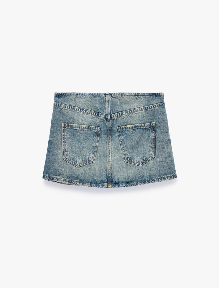  Pamuklu Düğmeli Slim Fit Mini Denim Şort Etek