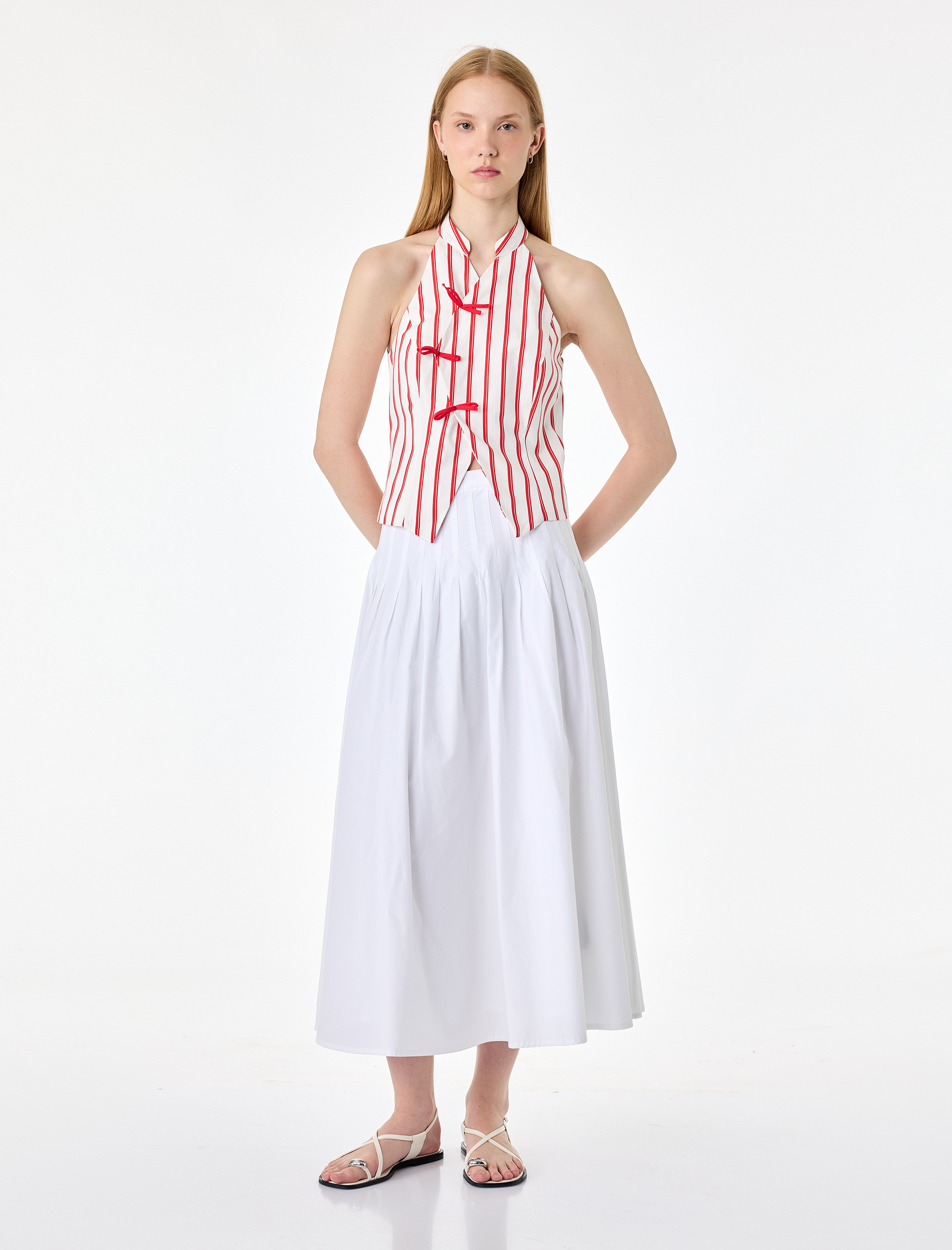   Kruvaze Hakim Yaka Fiyonklu Kolsuz Qipao Görünümlü Çizgili Crop Bluz
